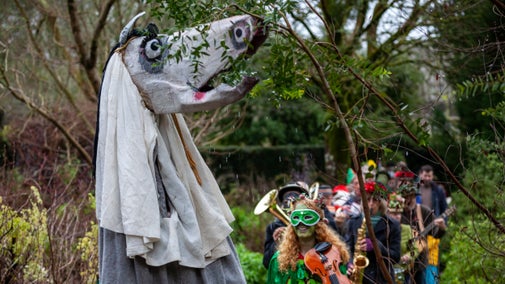 A person dressed up as a horse leading a band of merrymakers with instruments and colourful costumes